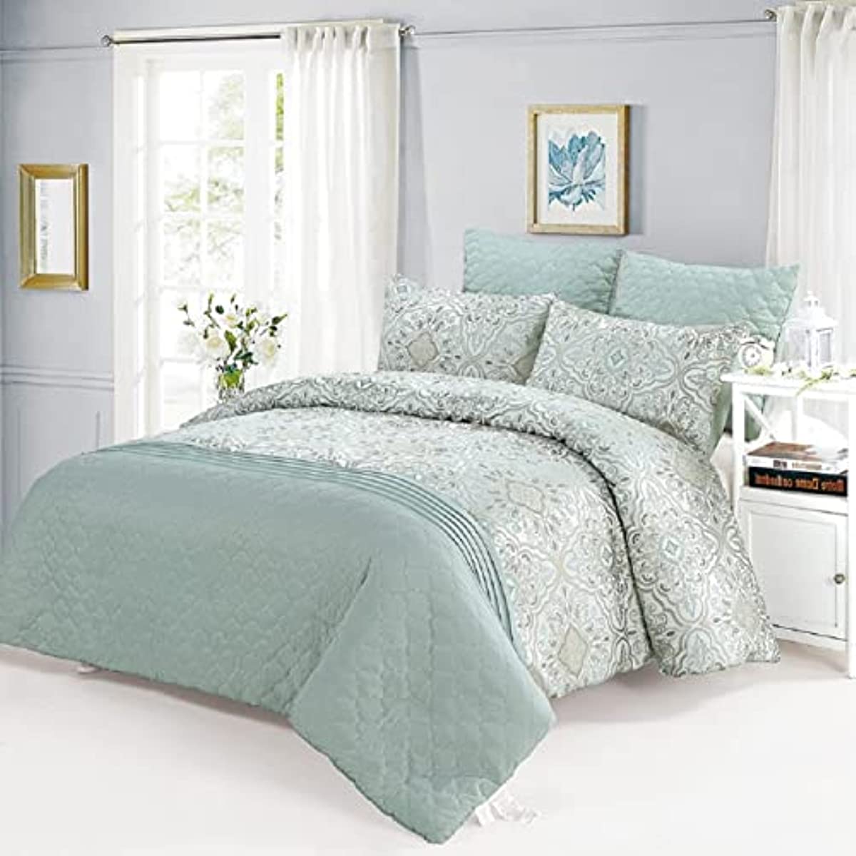 COMO DESIGN Comforter Set King 5 Pieces Mint Green Luxury Jacquard with Microfiber Pintuck with Embossing
