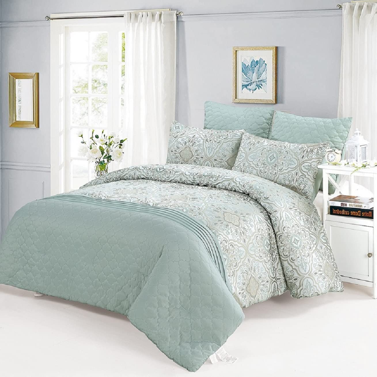 COMO DESIGN Comforter Set King 5 Pieces Mint Green Luxury Jacquard with Microfiber Pintuck with Embossing