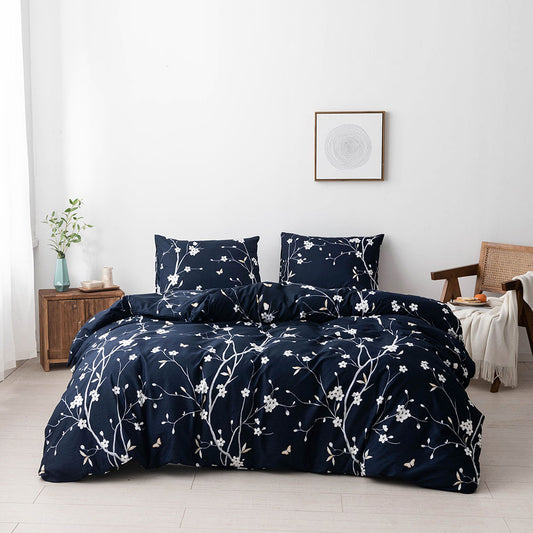 Ultra Soft, Breathable, Easy Care navy blue microfiber flower duvet