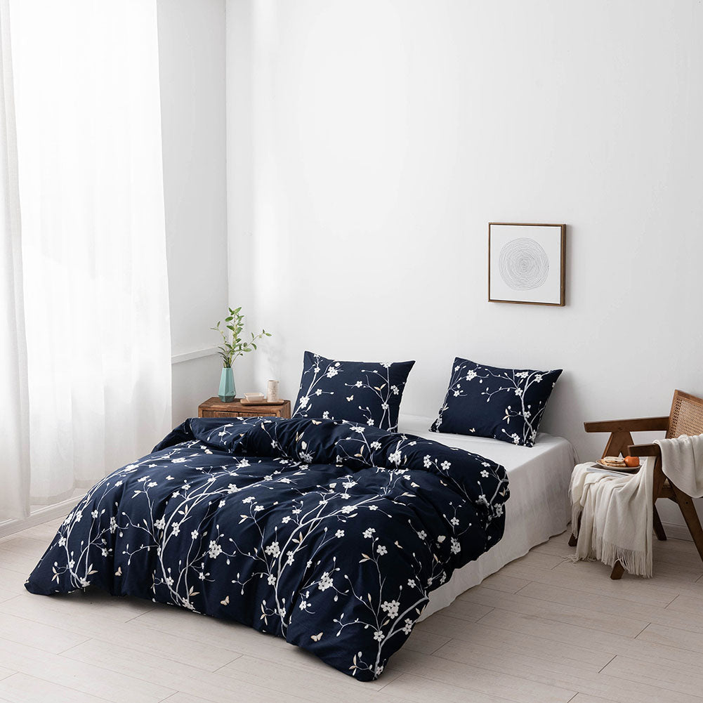 Ultra Soft, Breathable, Easy Care navy blue microfiber flower duvet