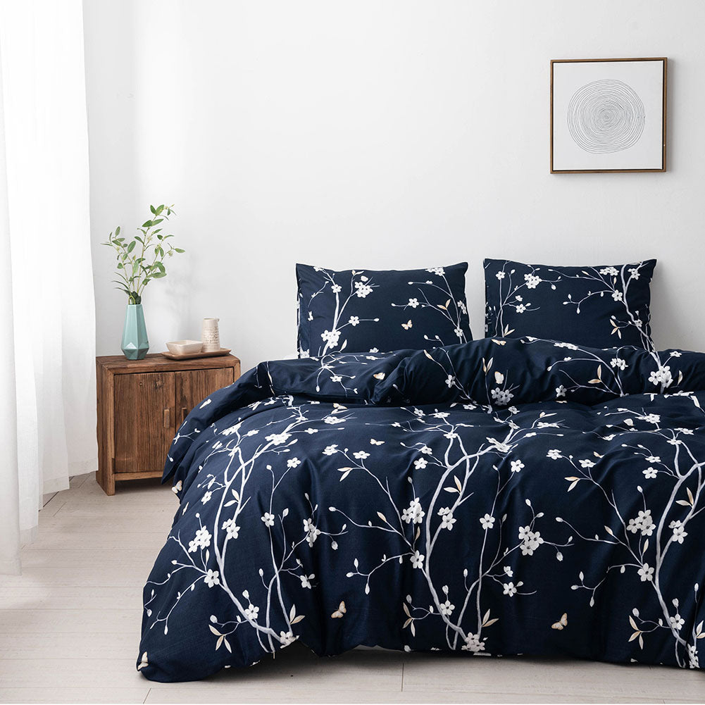 Ultra Soft, Breathable, Easy Care navy blue microfiber flower duvet