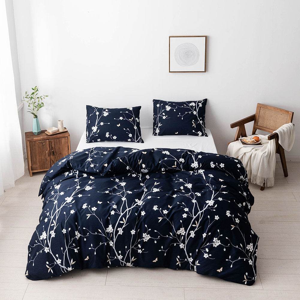 Ultra Soft, Breathable, Easy Care navy blue microfiber flower duvet