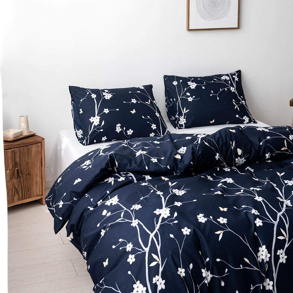 Ultra Soft, Breathable, Easy Care navy blue microfiber flower duvet