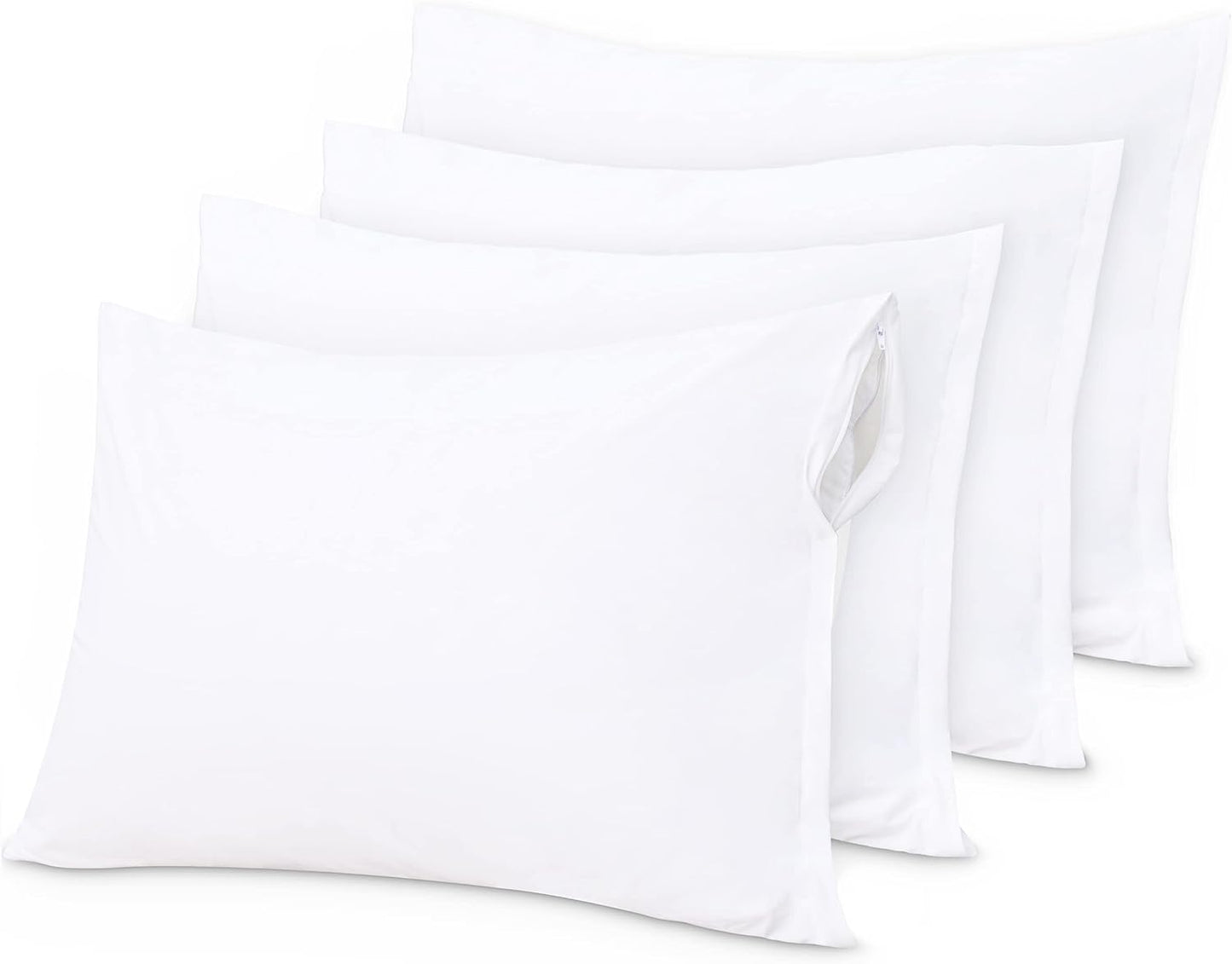 4 PAIRS White  Zippered Pillow Cases Standard Size, Allergy-Free and Breathable Pillow Protectors, 100% Cotton