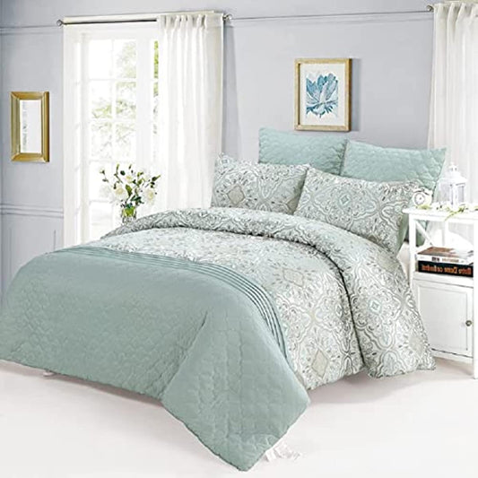 Comforter Set King 5 Pieces Mint Green Luxury Jacquard with Microfiber Pintuck with Embossing